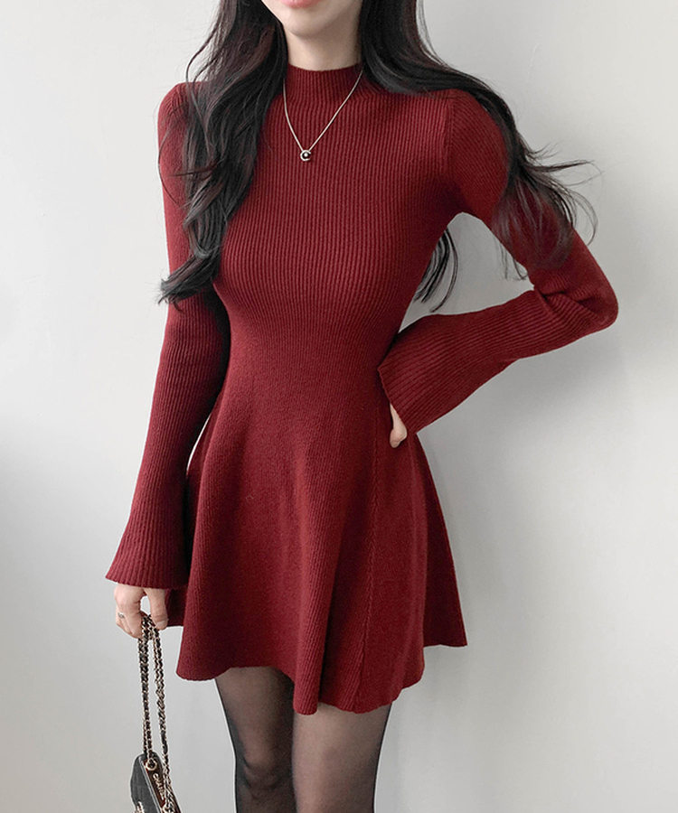 プチハイネックフレアミニワンピース WINE