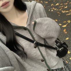 厚手バイカラーニットフードカーディガン GREY