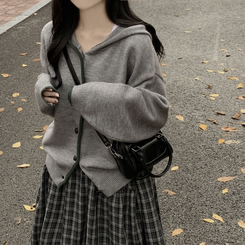 厚手バイカラーニットフードカーディガン GREY