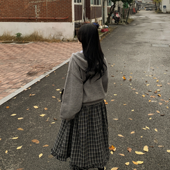 厚手バイカラーニットフードカーディガン GREY