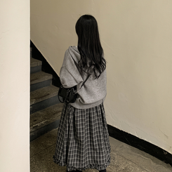 厚手バイカラーニットフードカーディガン GREY