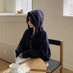 厚手バイカラーニットフードカーディガン NAVY