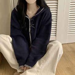 厚手バイカラーニットフードカーディガン NAVY