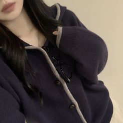 厚手バイカラーニットフードカーディガン NAVY