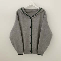 厚手バイカラーニットフードカーディガン