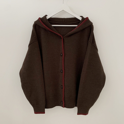 厚手バイカラーニットフードカーディガン