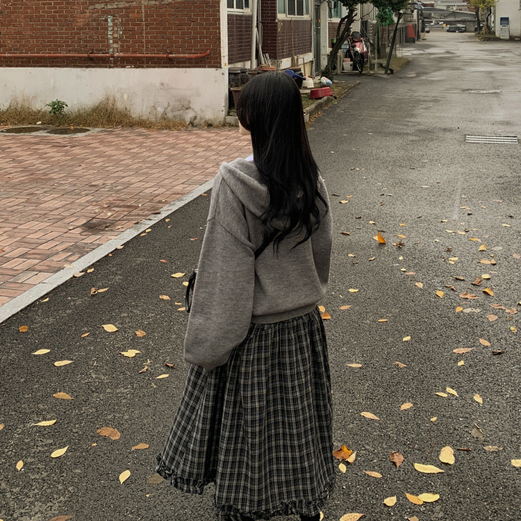 厚手バイカラーニットフードカーディガン GREY