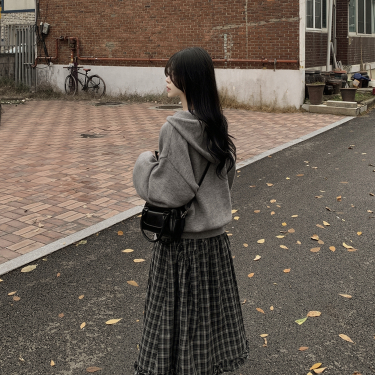 厚手バイカラーニットフードカーディガン GREY