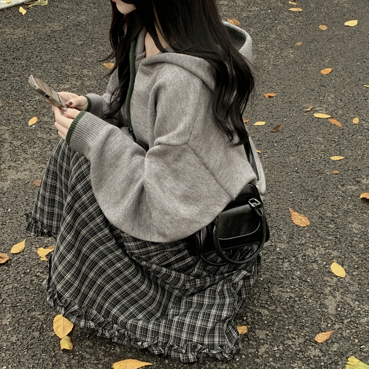 厚手バイカラーニットフードカーディガン GREY