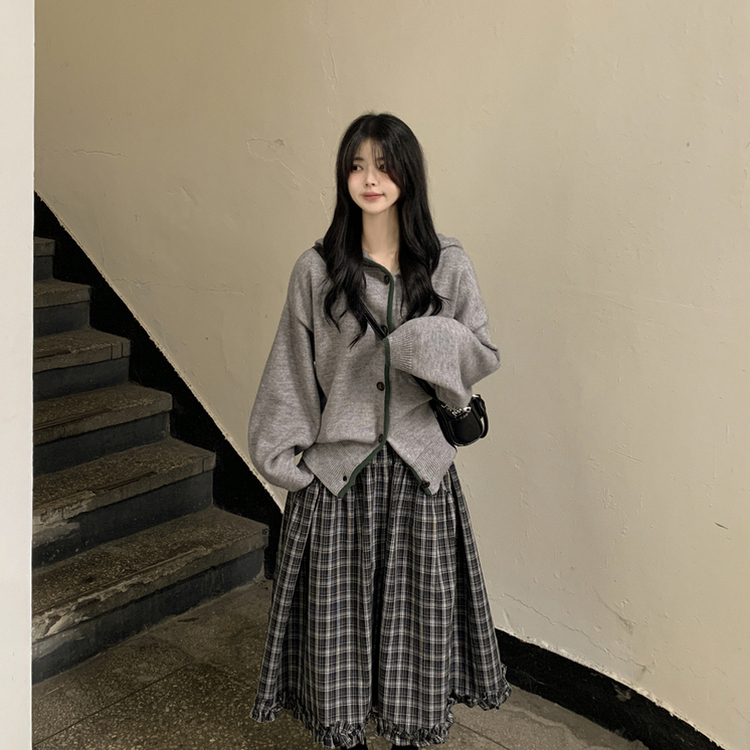 厚手バイカラーニットフードカーディガン GREY