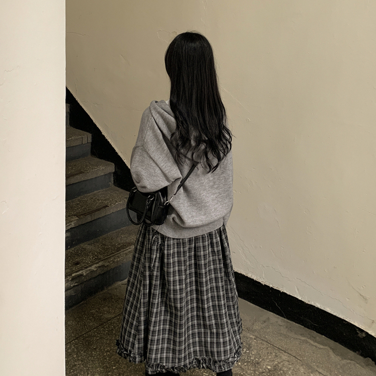 厚手バイカラーニットフードカーディガン GREY