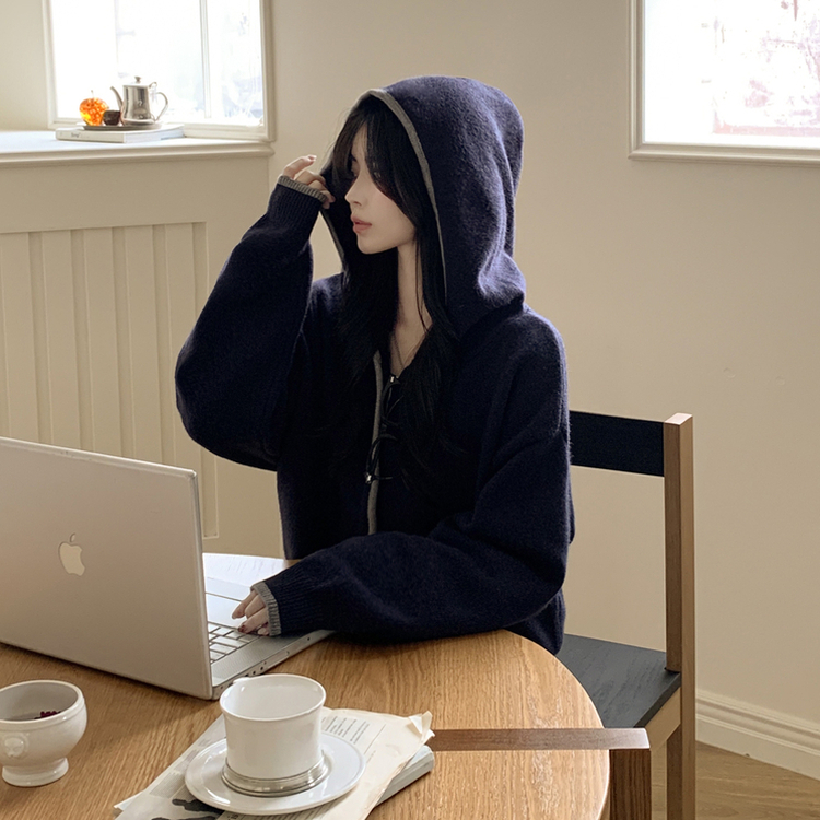 厚手バイカラーニットフードカーディガン NAVY