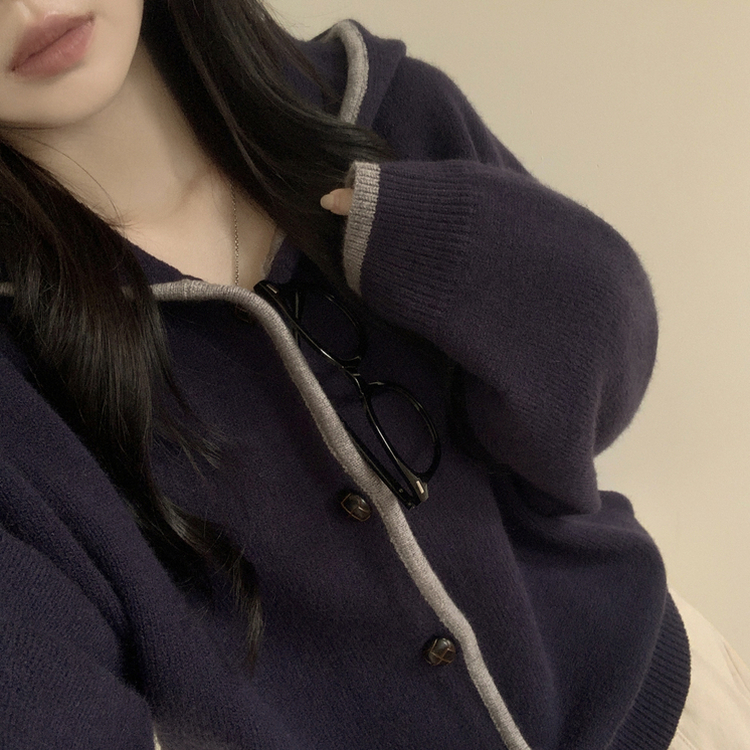 厚手バイカラーニットフードカーディガン NAVY