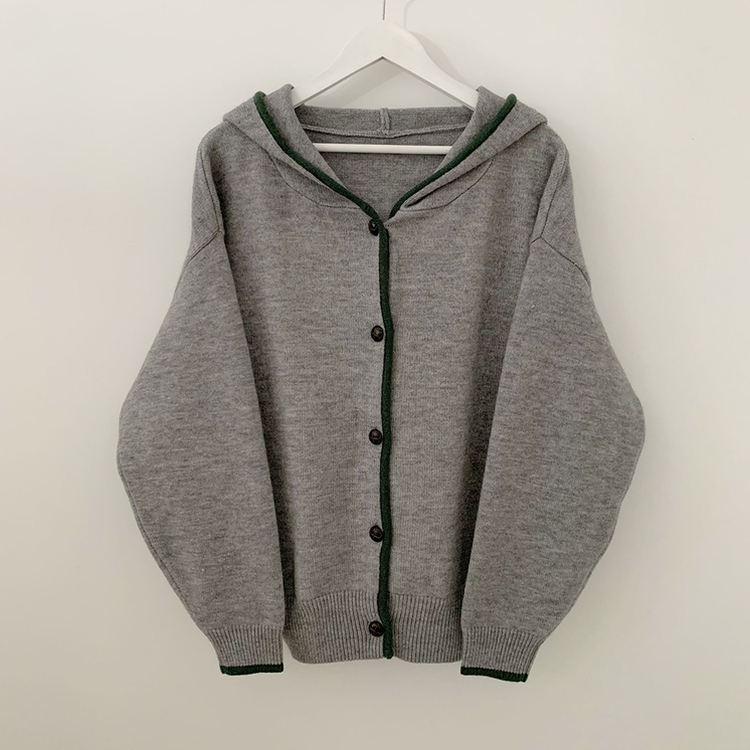 厚手バイカラーニットフードカーディガン