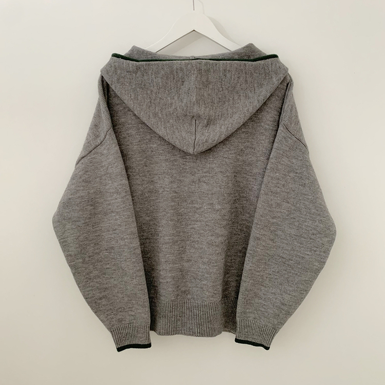 厚手バイカラーニットフードカーディガン