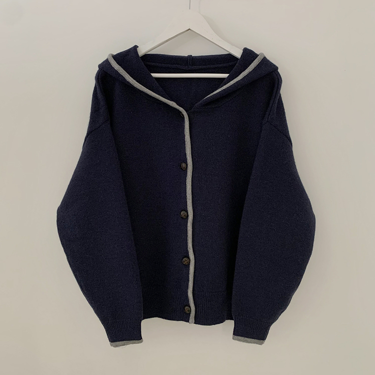 厚手バイカラーニットフードカーディガン