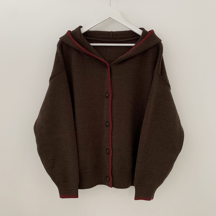 厚手バイカラーニットフードカーディガン