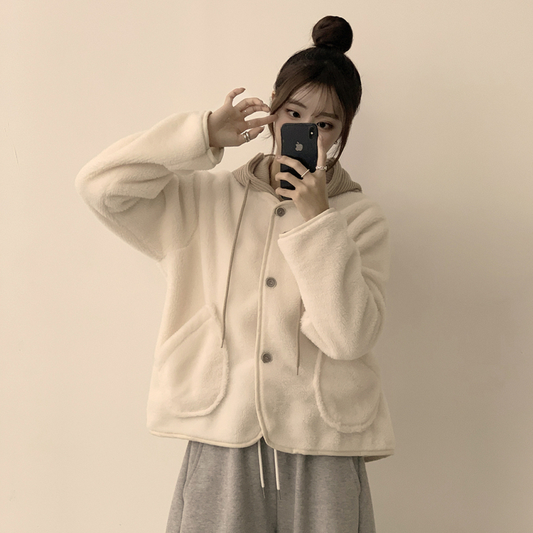 フードストリングウールフリースジャンパー IVORY