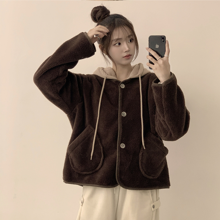 フードストリングウールフリースジャンパー BROWN