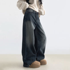 【起毛】スナップバンディングワイドパンツ DEEP DENIM