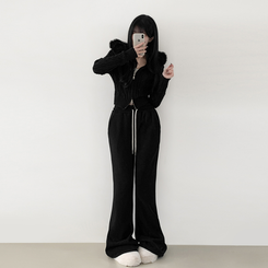 【丈別】【起毛】スリムセミブーツカットトレーニングパンツ BLACK