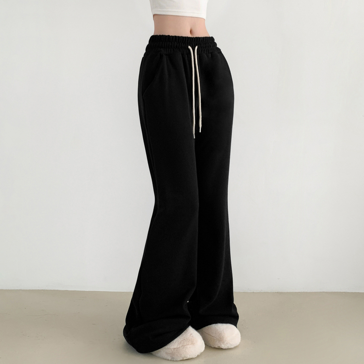 【丈別】【起毛】スリムセミブーツカットトレーニングパンツ BLACK