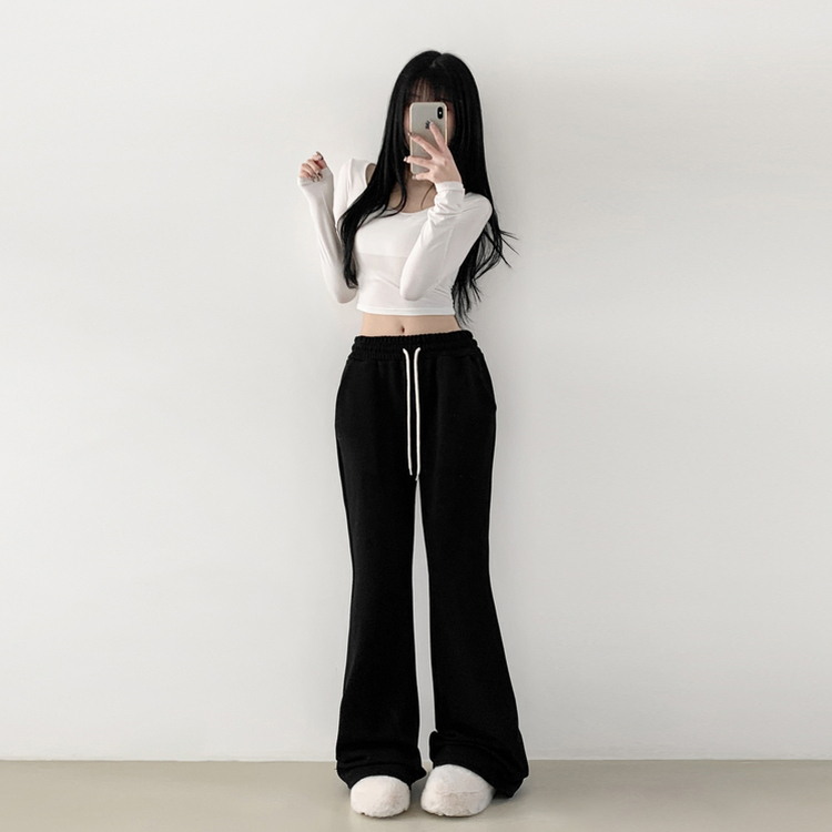 【丈別】【起毛】スリムセミブーツカットトレーニングパンツ BLACK