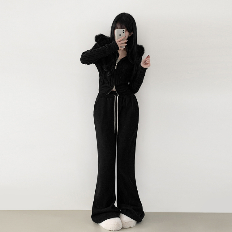 【丈別】【起毛】スリムセミブーツカットトレーニングパンツ BLACK