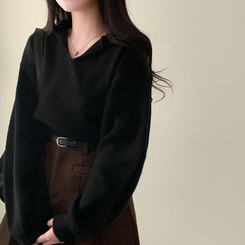 사랑스러운 아방핏베스킨 후드 브이넥 크롭 아방핏 니트 블랙