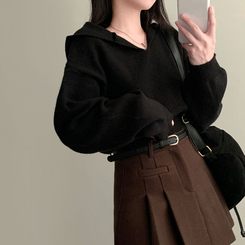 사랑스러운 아방핏베스킨 후드 브이넥 크롭 아방핏 니트 블랙