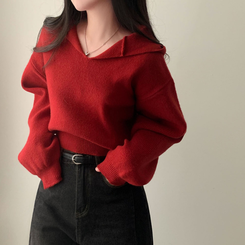 사랑스러운 아방핏베스킨 후드 브이넥 크롭 아방핏 니트 레드