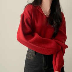 사랑스러운 아방핏베스킨 후드 브이넥 크롭 아방핏 니트 레드