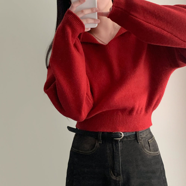 사랑스러운 아방핏베스킨 후드 브이넥 크롭 아방핏 니트 레드