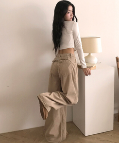 【丈別】【起毛】コーデュロイバックストラップワイドパンツ DEEP BEIGE