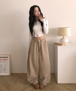 【丈別】【起毛】コーデュロイバックストラップワイドパンツ DEEP BEIGE