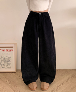 【丈別】【起毛】コーデュロイバックストラップワイドパンツ BLACK