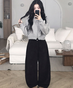 【丈別】【起毛】コーデュロイバックストラップワイドパンツ BLACK