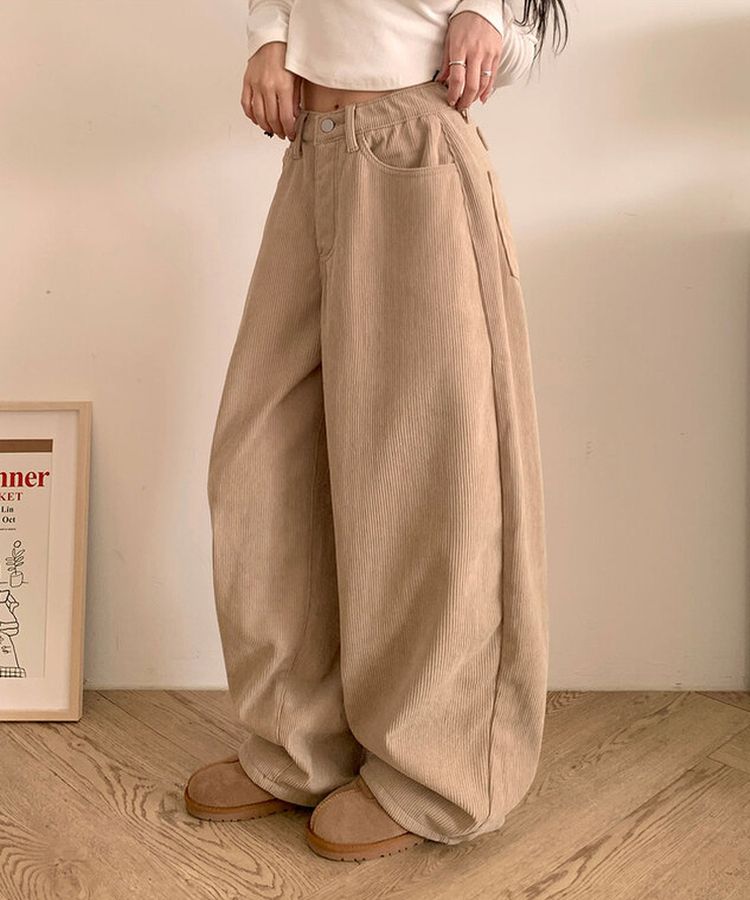 【丈別】【起毛】コーデュロイバックストラップワイドパンツ DEEP BEIGE