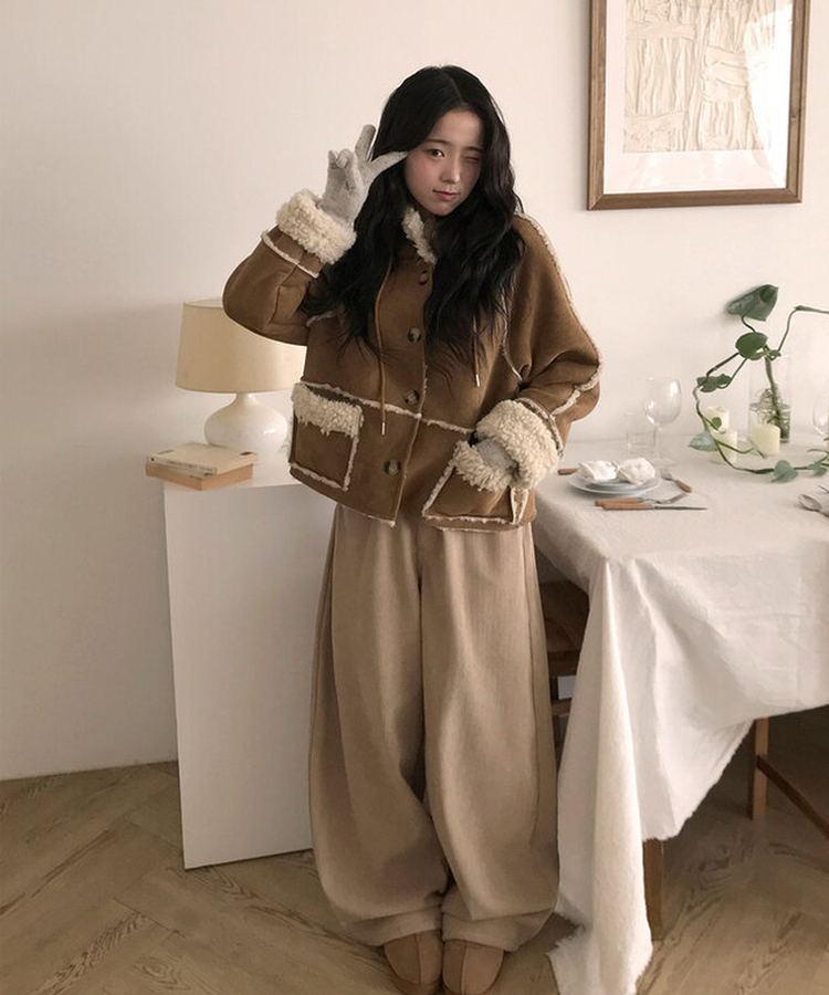 【丈別】【起毛】コーデュロイバックストラップワイドパンツ DEEP BEIGE