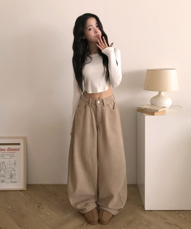 【丈別】【起毛】コーデュロイバックストラップワイドパンツ DEEP BEIGE