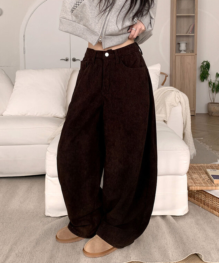 【丈別】【起毛】コーデュロイバックストラップワイドパンツ BROWN