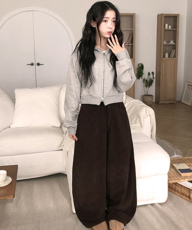 【丈別】【起毛】コーデュロイバックストラップワイドパンツ BROWN