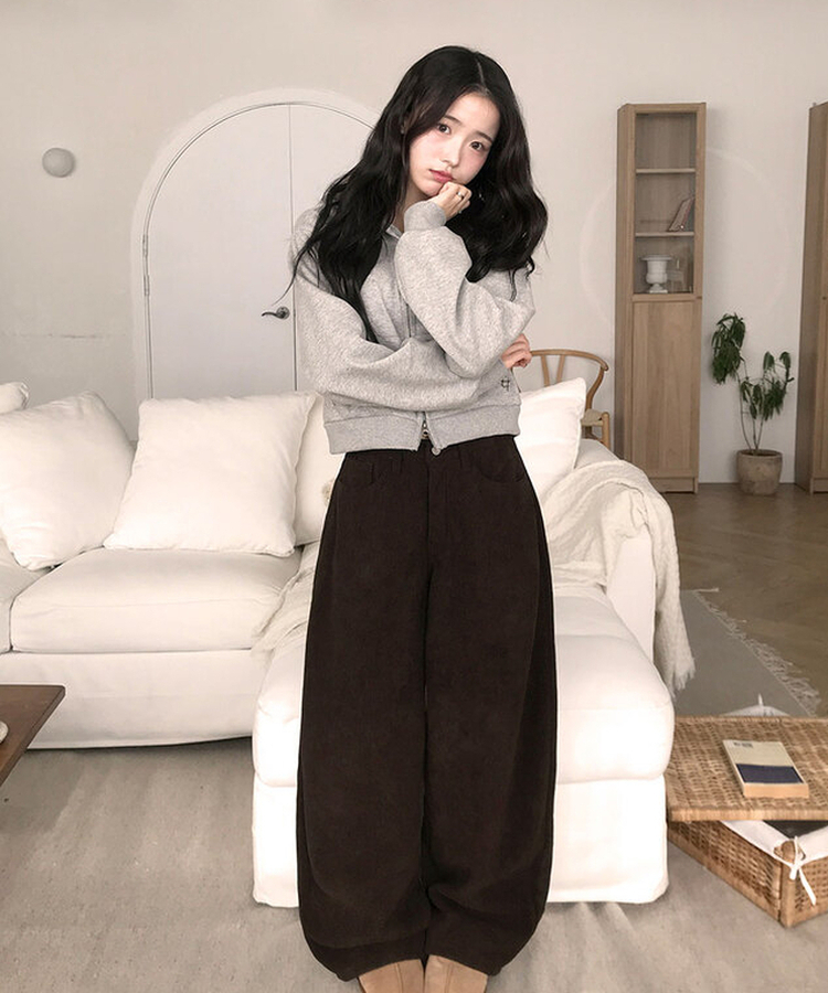 【丈別】【起毛】コーデュロイバックストラップワイドパンツ BROWN