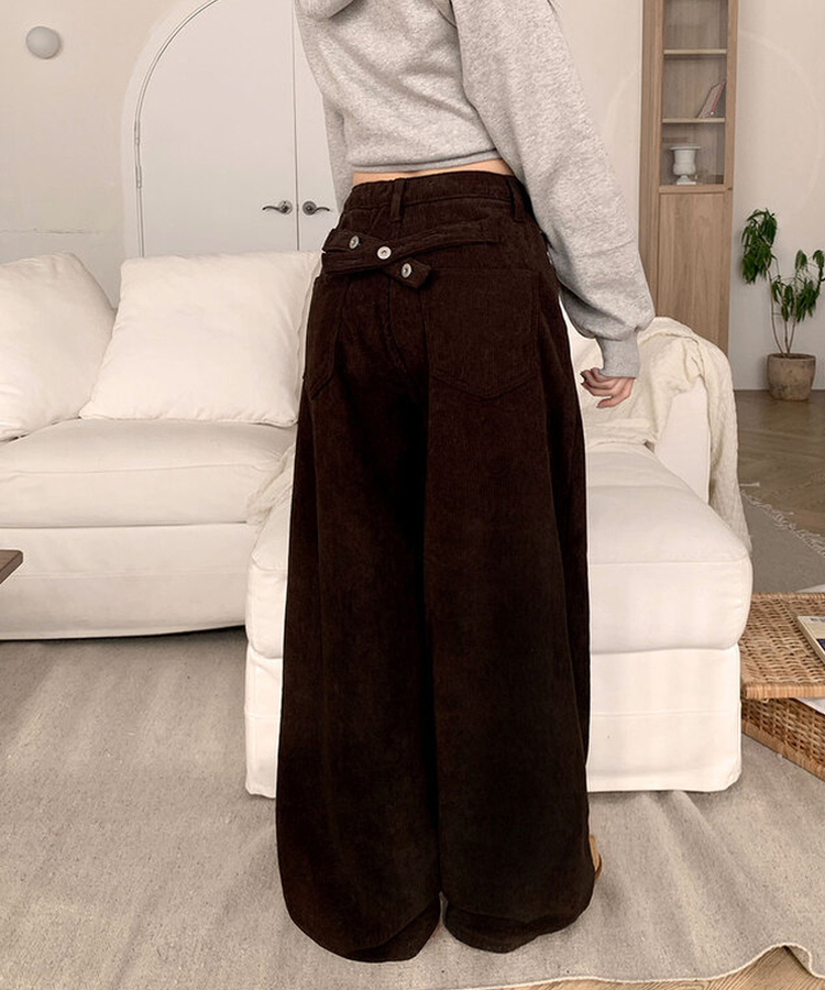 【丈別】【起毛】コーデュロイバックストラップワイドパンツ BROWN