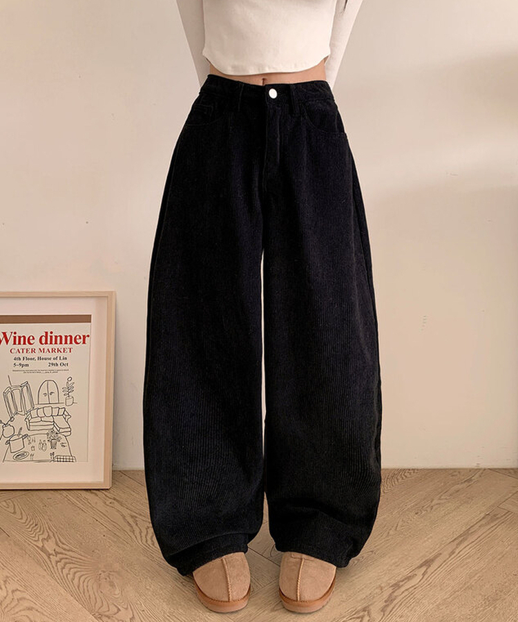 【丈別】【起毛】コーデュロイバックストラップワイドパンツ BLACK