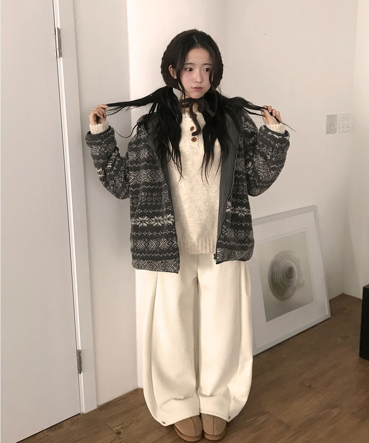 케스 기모안감 코듀로이 와이드 사이드핀턱 밴딩 팬츠 벌룬핏 아이보리