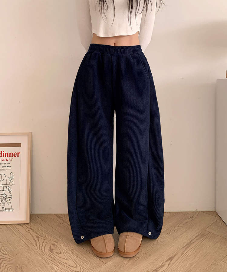 케스 기모안감 코듀로이 와이드 사이드핀턱 밴딩 팬츠 벌룬핏 네이비