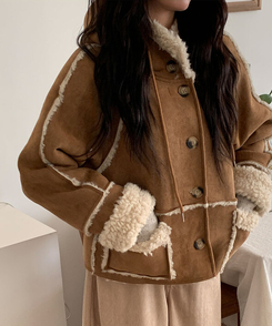 레뮤 스웨이드 양털안감 나그랑 포켓 후드 무스탕 밤색