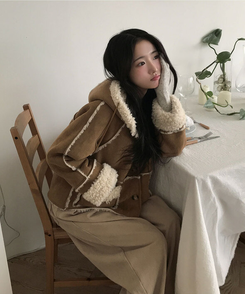 레뮤 스웨이드 양털안감 나그랑 포켓 후드 무스탕 밤색