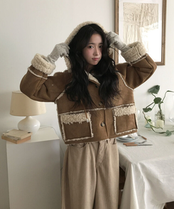 레뮤 스웨이드 양털안감 나그랑 포켓 후드 무스탕 밤색